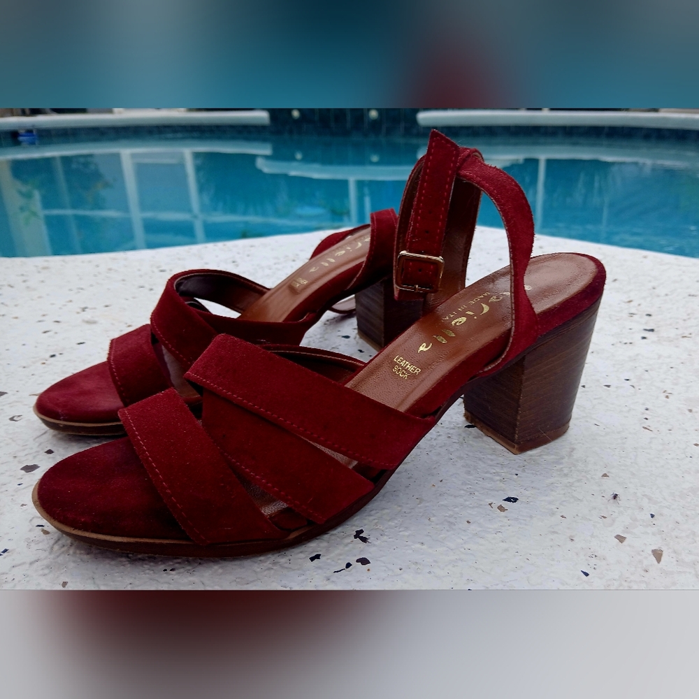 Women's Red Suede Block Heel Sandals
